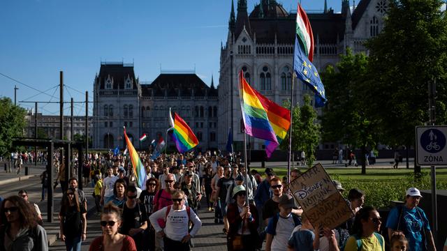 Ungarische Bürger bei einer Demonstraio mit Regenbogenfahnen in Budapest.