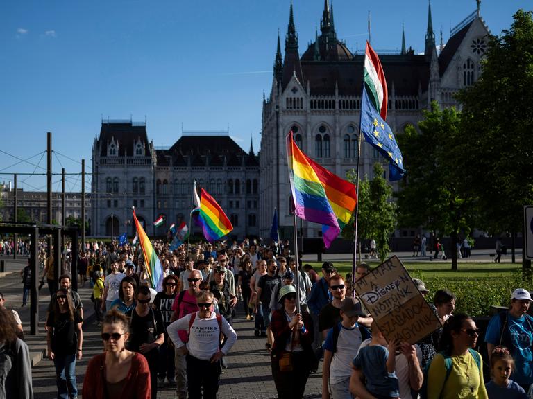 Ungarische Bürger gehen mit der Regenbogenfahne durch Budapest.