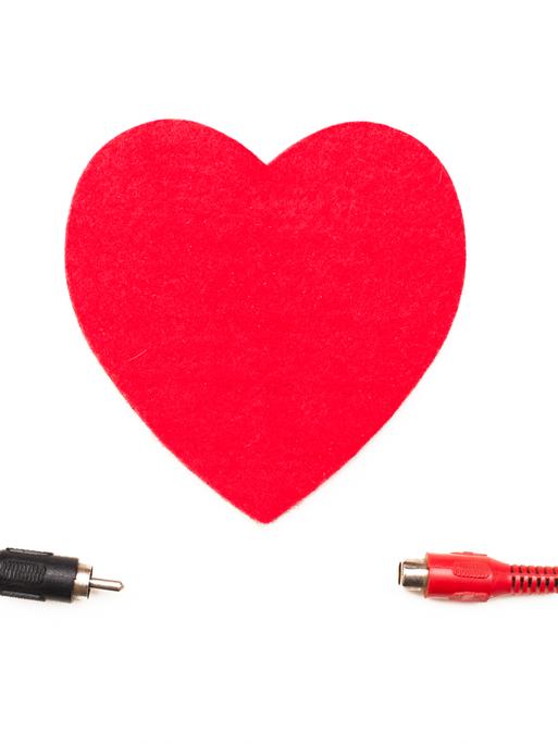 In der Mitte ist die Illustration eines roten Herzens zu sehen, links und rechts kommen Kabel von oben ins Bild, die mit Audio-Anschlüssen enden. Einer der Anschlüsse ist schwarz, der andere weiß.
