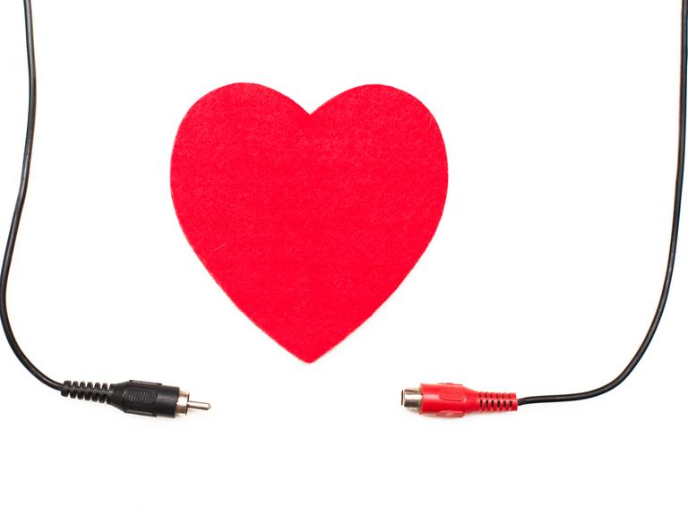 In der Mitte ist die Illustration eines roten Herzens zu sehen, links und rechts kommen Kabel von oben ins Bild, die mit Audio-Anschlüssen enden. Einer der Anschlüsse ist schwarz, der andere weiß.
