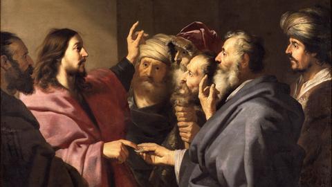 Jesus mit Pharisäern (Gemälde "Der Zinsgroschen" von 1630). 