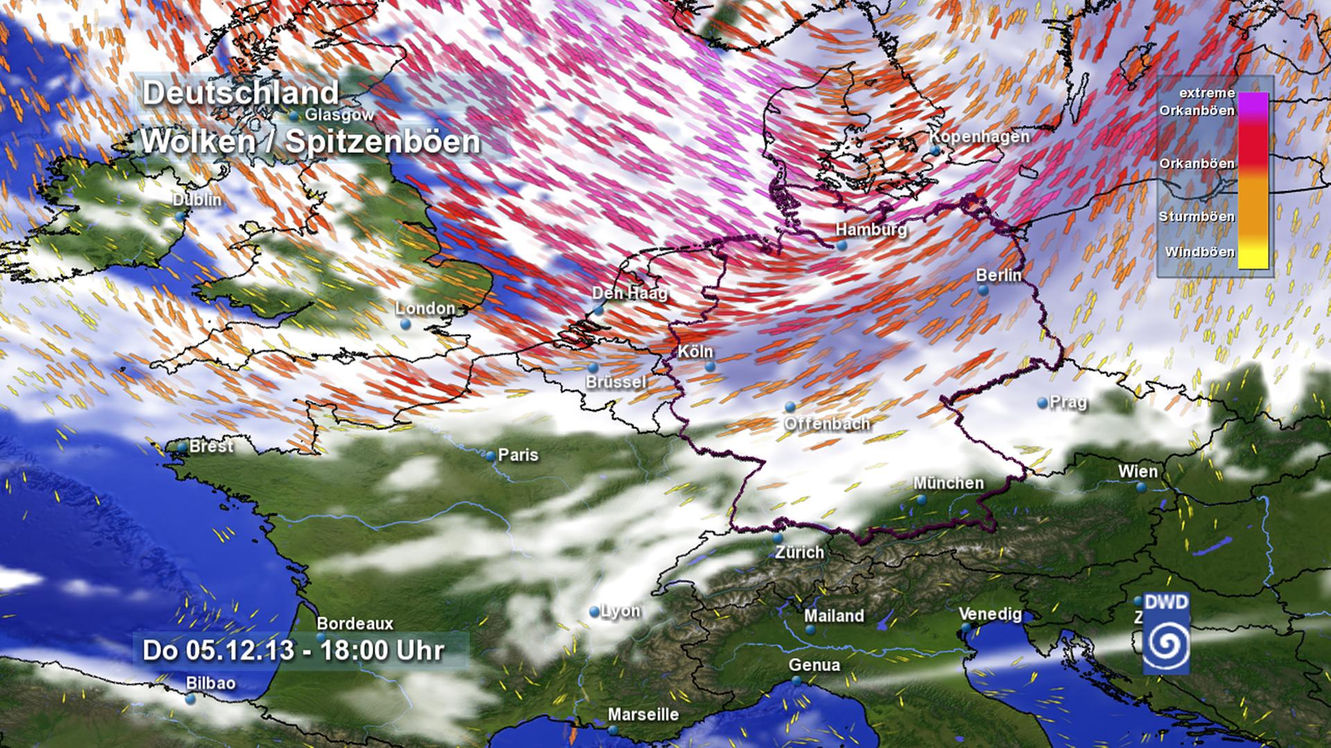 Wetterkarte vom Deutschen Wetterdienst zeigt die vorhergesagte Verteilung der Bewölkung und der Windgeschwindigkeiten über Europa.