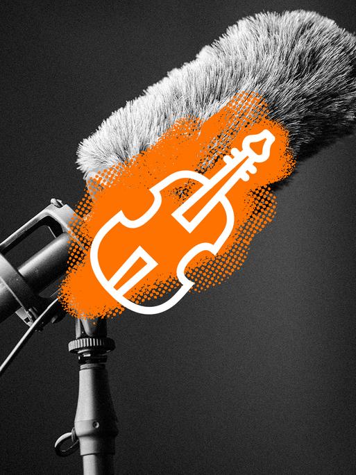 Zu sehen: Eine Collage mit einem Mikrofon für Außenaufnahmen und einer gezeichneten Gitarre (in weiß mit orangenem Hintergrund) darüber.