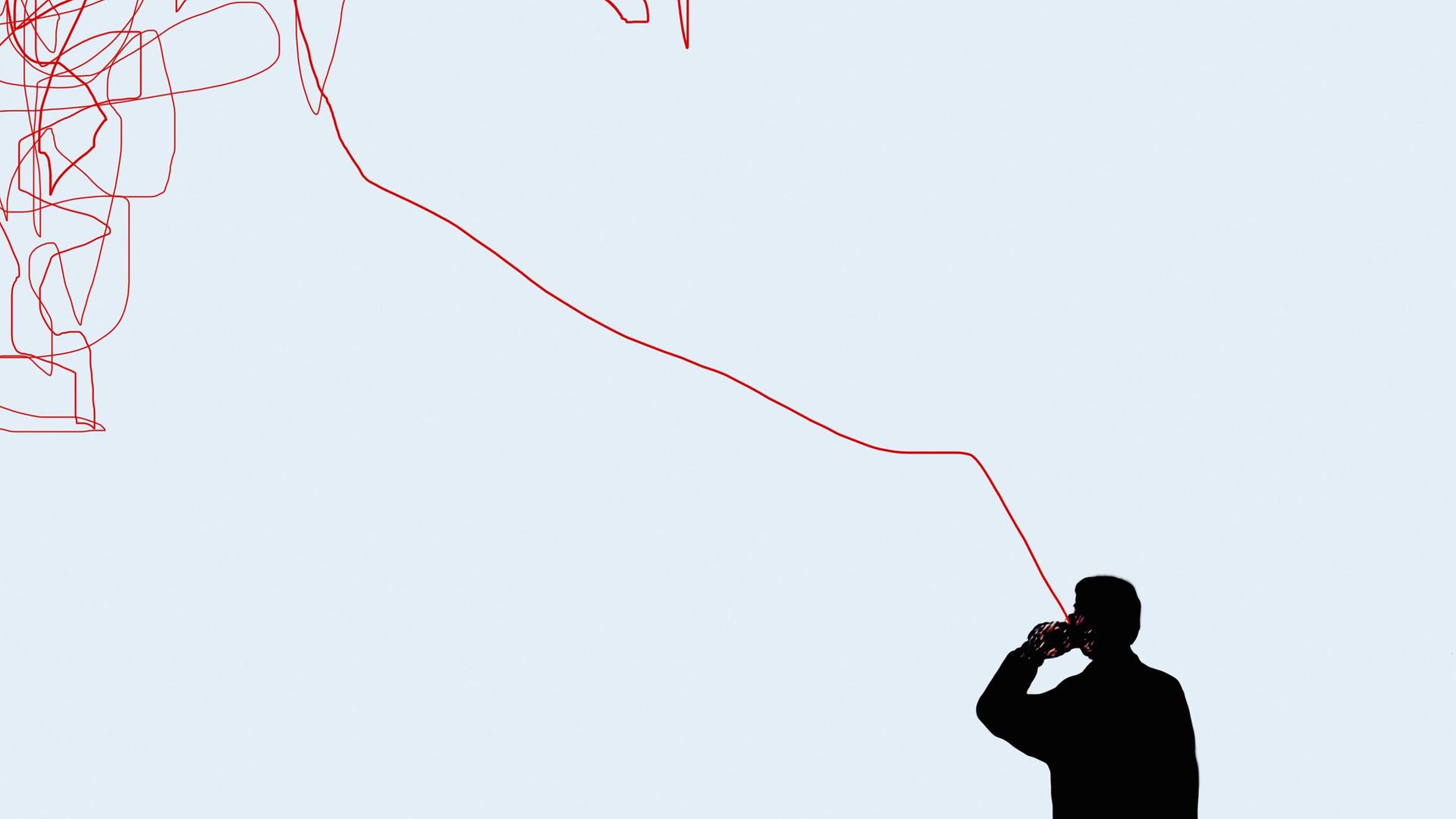 Grafik: Mann telefoniert verbunden mit verworrener roter Linie.