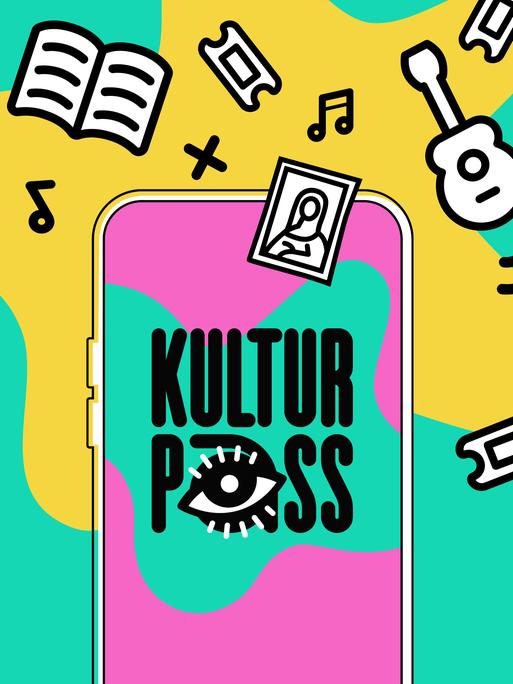 Eine bunte Grafik illustriert den bundesweiten Kulturpass. Zu sehen ist ein Handy mit dem Schriftzug Kulturpass. Druhmherum symbolhafte Icons für Musik, Literatur und Kunst.