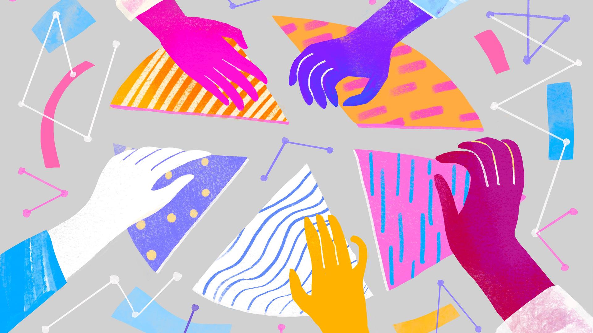 Illustration mehrerer farbiger Hände die Teile einer Uhr zusammensetzen