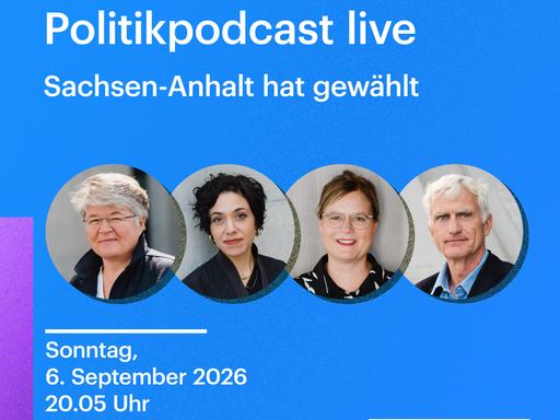Illustration des Politikpodcasts live - Sachsen-Anhalt hat gewählt. Vor blauem Hintergrund sind die Gesichter der Gesprächsteilnehmer Friederike Sittler, Katharina Hamberger, Nadine Lindner und Frank Capellan zu sehen.