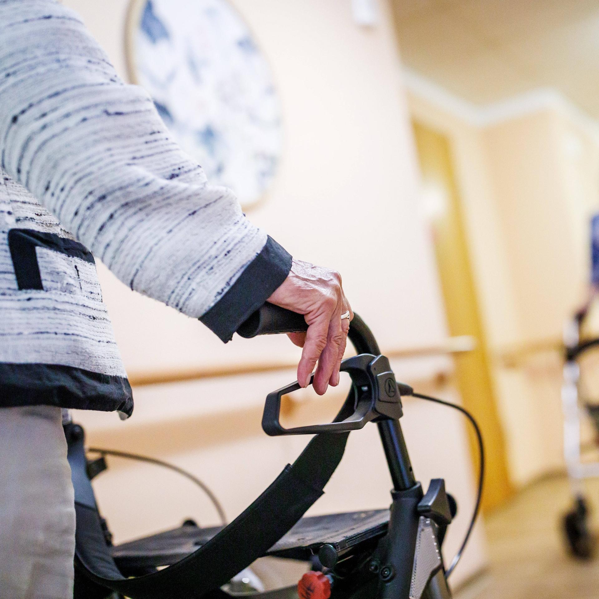 Senioren mit Rollator und eine Pflegekraft sind auf einem Gang in einem Pflegeheim in Brandenburg zu sehen (Symbolfoto)
