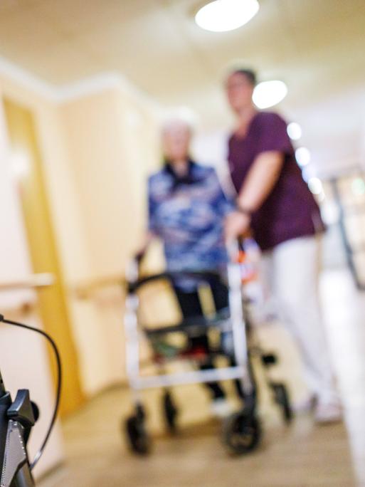 Senioren mit Rollator und eine Pflegekraft sind auf einem Gang in einem Pflegeheim in Brandenburg zu sehen (Symbolfoto)