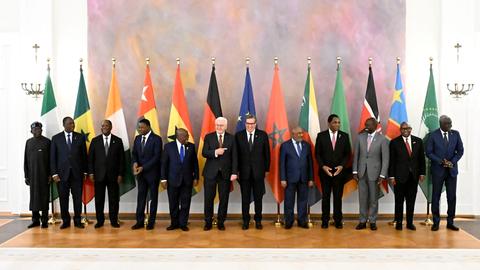 Bundespräsident Steinmeier steht neben einem EU-Vertreter und zahlreichen afrikanischen Staats- und Regierungschefs vor den Nationalflaggen der Teilnehmer der Gipfels.