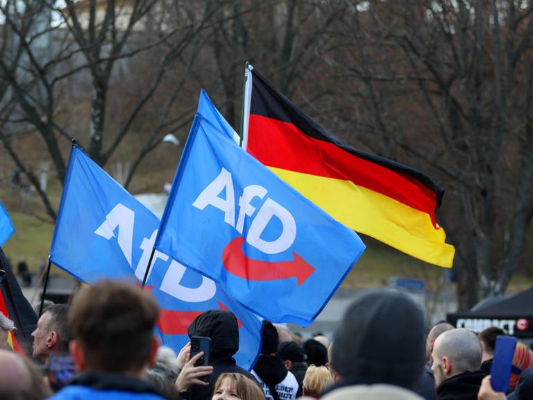 Anhänger mit AfD-Fahnen und Deutschlandflaggen vor der Haupbühne der AfD-Abschlusskundgebung zur Bundestagswahl im Februar 2025 auf dem Erfurter Domplatz.