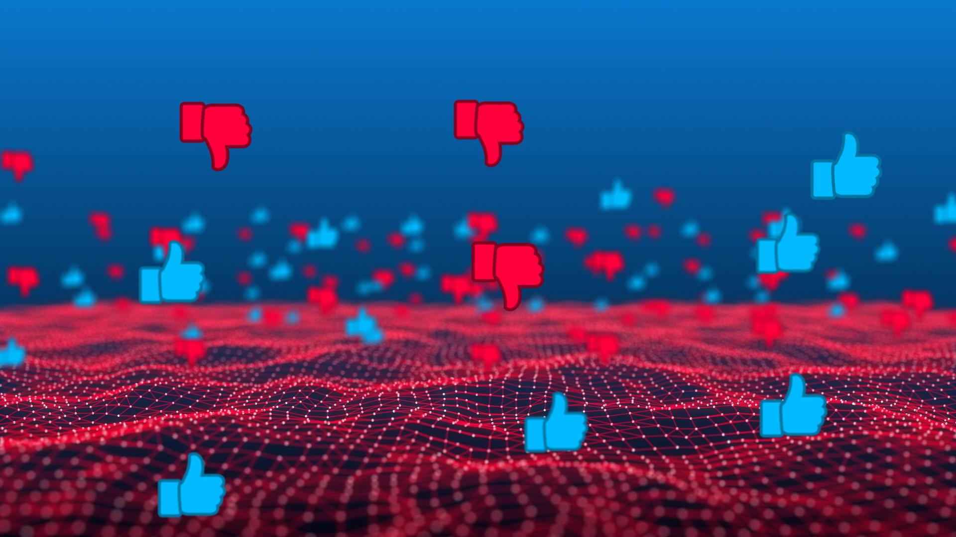Social Media Symbole von Like und Dislike schweben verteilt über einer Matrix.