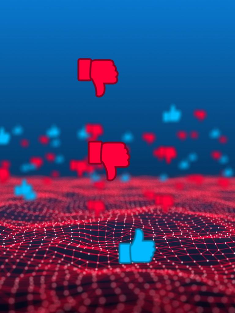 Social Media Symbole von Like und Dislike schweben verteilt über einer Matrix. Social Media Symbole von Like und Dislike schweben verteilt über einer Matrix.