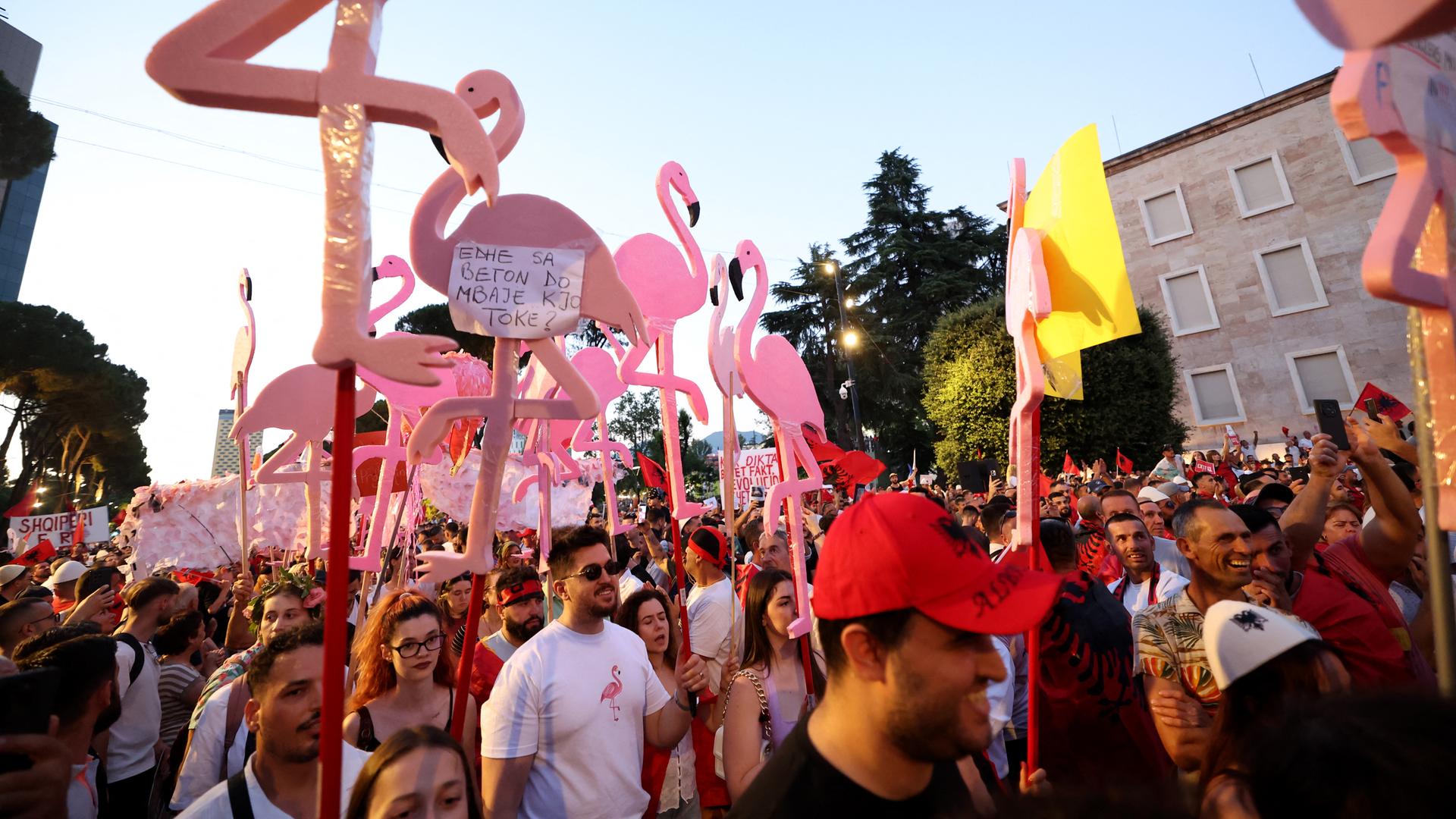 Demonstranten halten Flamingo-Attrappen in die Höhe, während sie in Tirana vor dem Amtssitz protestieren. Demonstranten halten Flamingo-Attrappen in die Höhe, während sie in Tirana vor dem Amtssitz protestieren.