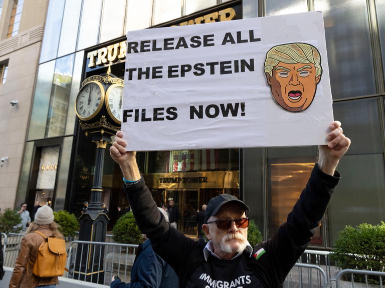 Ein Anti-Trump-Demonstrant steht in New York mit einem Plakat in der Hand auf dem steht: "RELEASE ALL THE EPSTEIN FILES NOW!' (Jatzt alle Epstein-Akten veröffentlichen) 