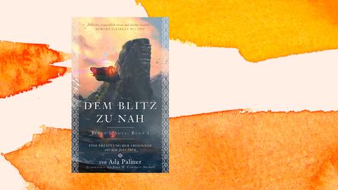 Das Cover von Ada Palmers Roman "Dem Blitz zu nah (Terra Ignota 1)" zeigt ein Raumschiff, das auf einen Felsen zufliegt. 