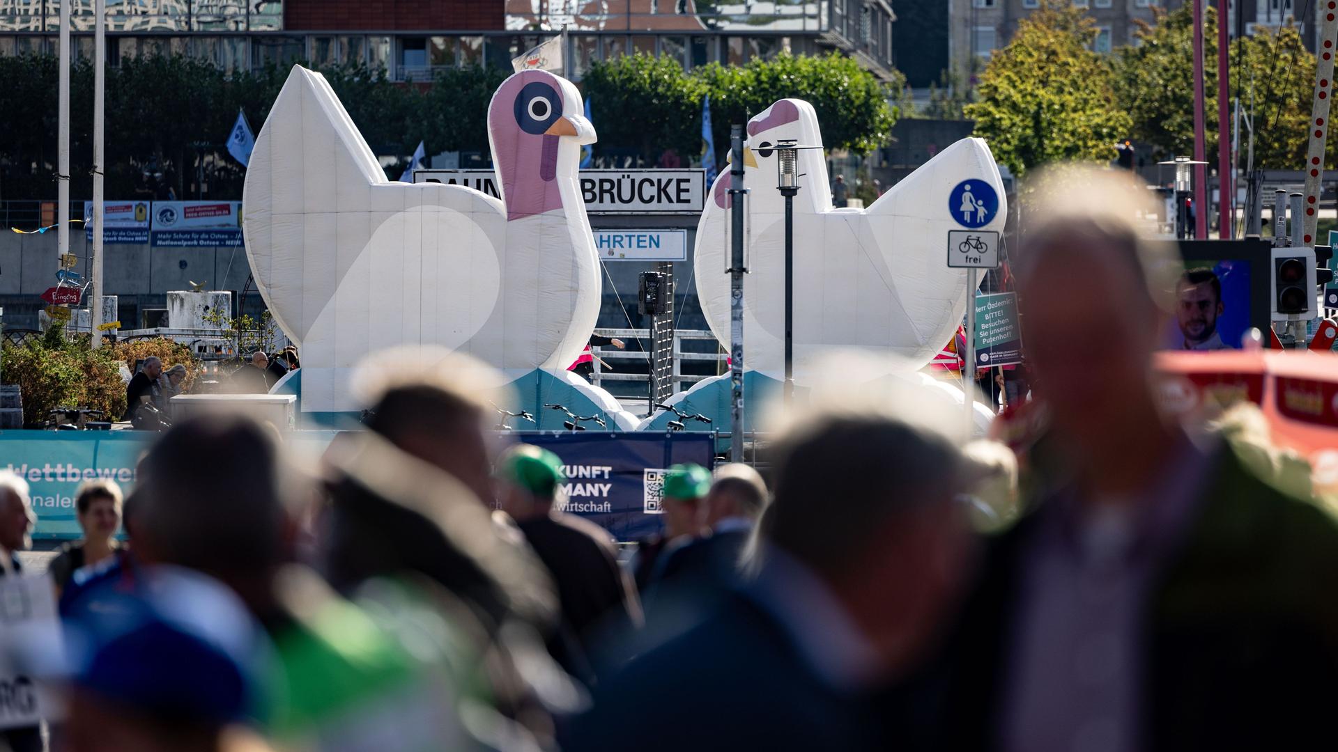 Schleswig-Holstein, Kiel: Geflügelzüchter haben zum Auftakt der Agrarministerkonferenz vor dem Tagungshotel mit Luft gefüllte Tier-Skulpturen aufgestellt. Schleswig-Holstein, Kiel: Geflügelzüchter haben zum Auftakt der Agrarministerkonferenz vor dem Tagungshotel mit Luft gefüllte Tier-Skulpturen aufgestellt.