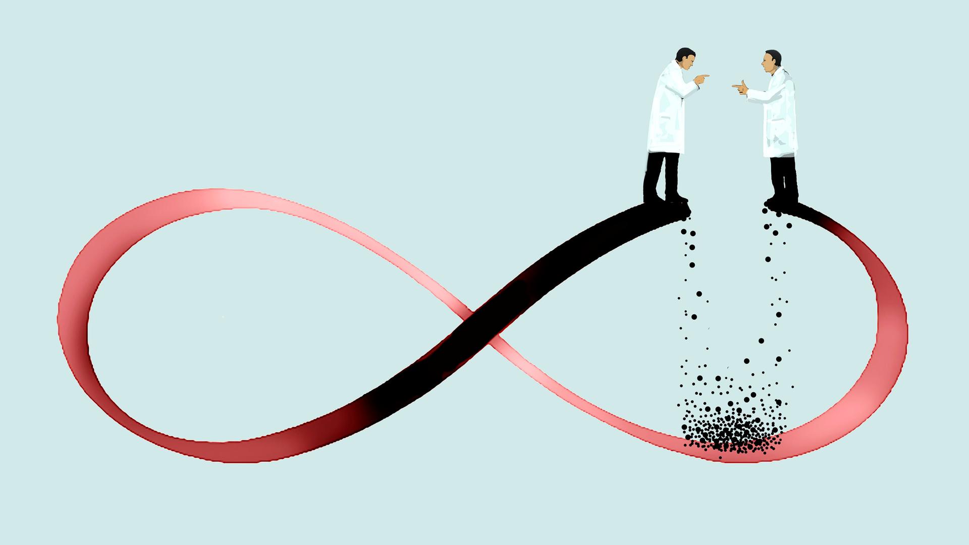 Zwei Wissenschaftler diskutieren, während unter ihnen der Boden wegbröckelt. Zwei Wissenschaftler diskutieren, während unter ihnen der Boden wegbröckelt.