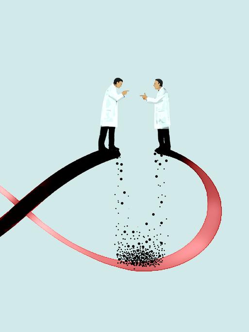 Zwei Wissenschaftler diskutieren, während unter ihnen der Boden wegbröckelt.