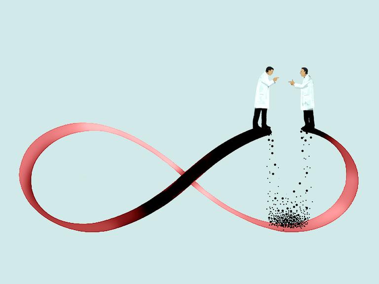 Zwei Wissenschaftler diskutieren, während unter ihnen der Boden wegbröckelt.