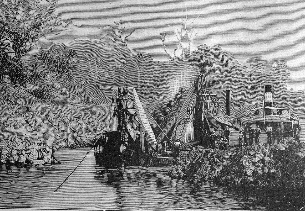 Bau des Panamakanals: Dampfbagger bei Mindi, Historische Illustration, ca. 1890, Originaldatum nicht bekannt