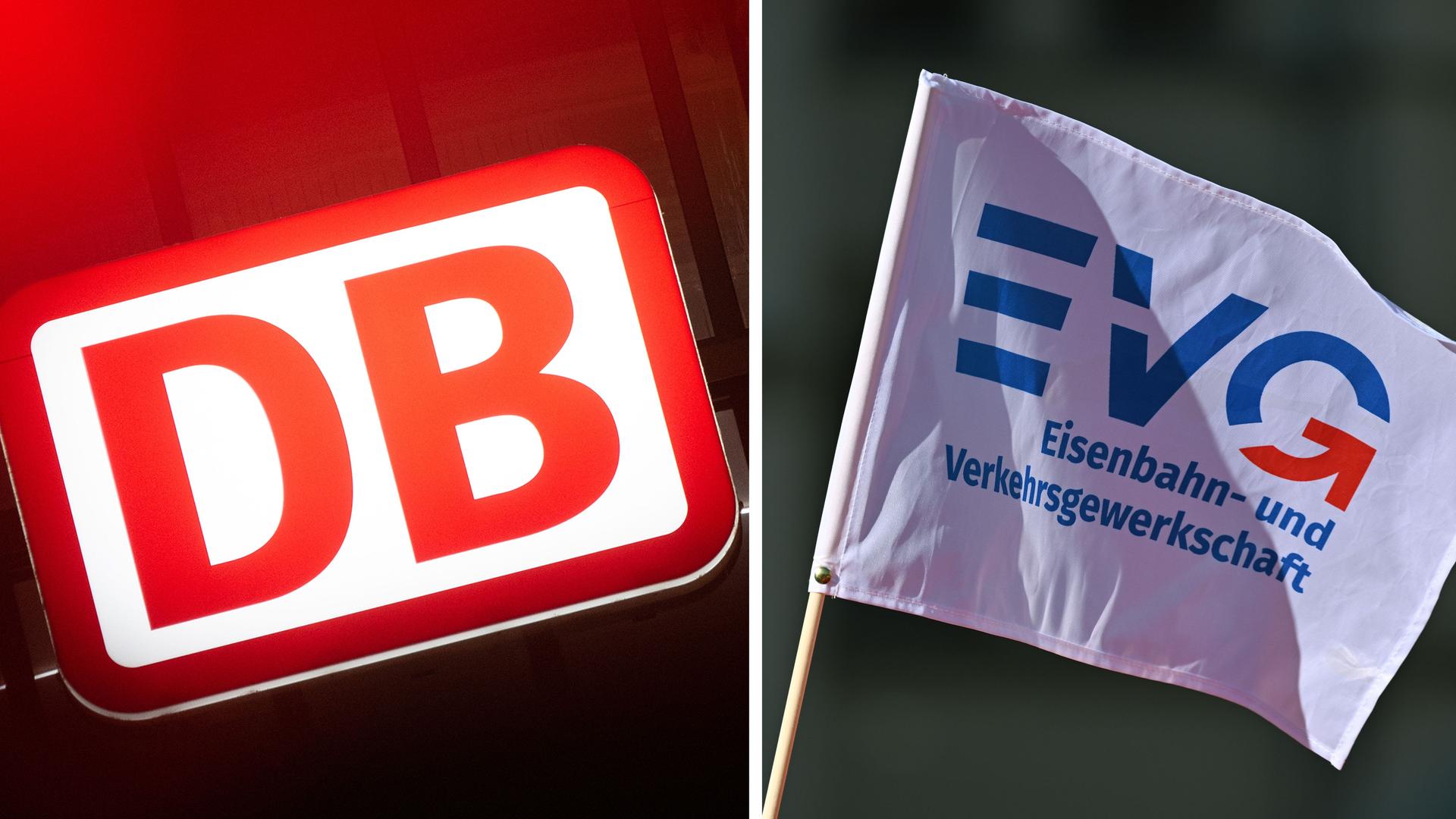 Das Logo der Deutschen Bahn und eine Fahne der Gewerkschaft EVG