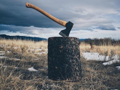 Auf einer kargen Wiese steht ein Holzbock, in dem eine Axt steckt Auf einer kargen Wiese steht ein Holzbock, in dem eine Axt steckt