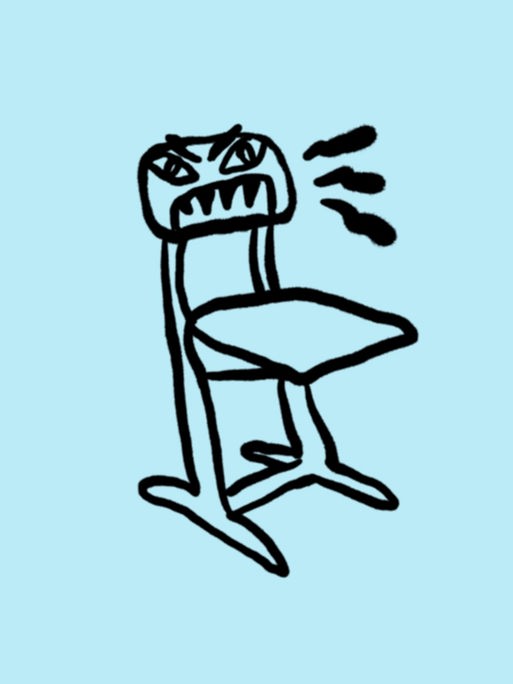 Skizze eines typischen Klassenzimmerstuhls, dessen Stuhllehne eine Art hassverzerrtes gesicht darstellt. Skizze eines typischen Klassenzimmerstuhls, dessen Stuhllehne eine Art hassverzerrtes gesicht darstellt.