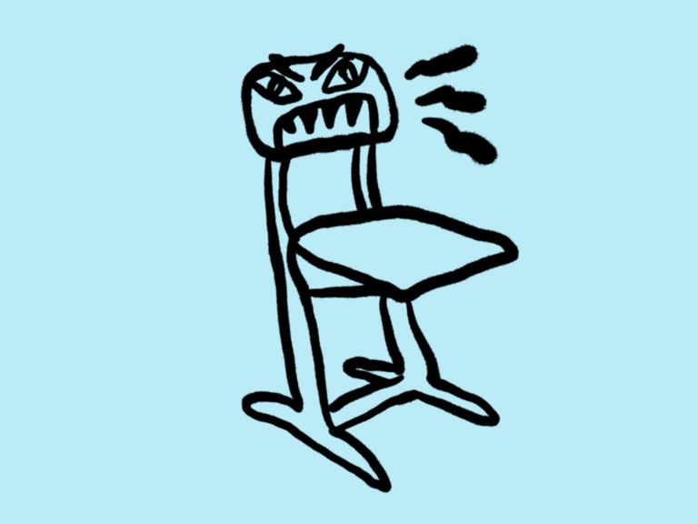 Skizze eines typischen Klassenzimmerstuhls, dessen Stuhllehne eine Art hassverzerrtes gesicht darstellt. Skizze eines typischen Klassenzimmerstuhls, dessen Stuhllehne eine Art hassverzerrtes gesicht darstellt.