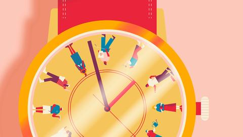Illustration: Zifferblatt einer Uhr mit Menschen in unterschiedlichen Lebensphasen, die verschiedene Dinge tun Illustration: Zifferblatt einer Uhr mit Menschen in unterschiedlichen Lebensphasen, die verschiedene Dinge tun