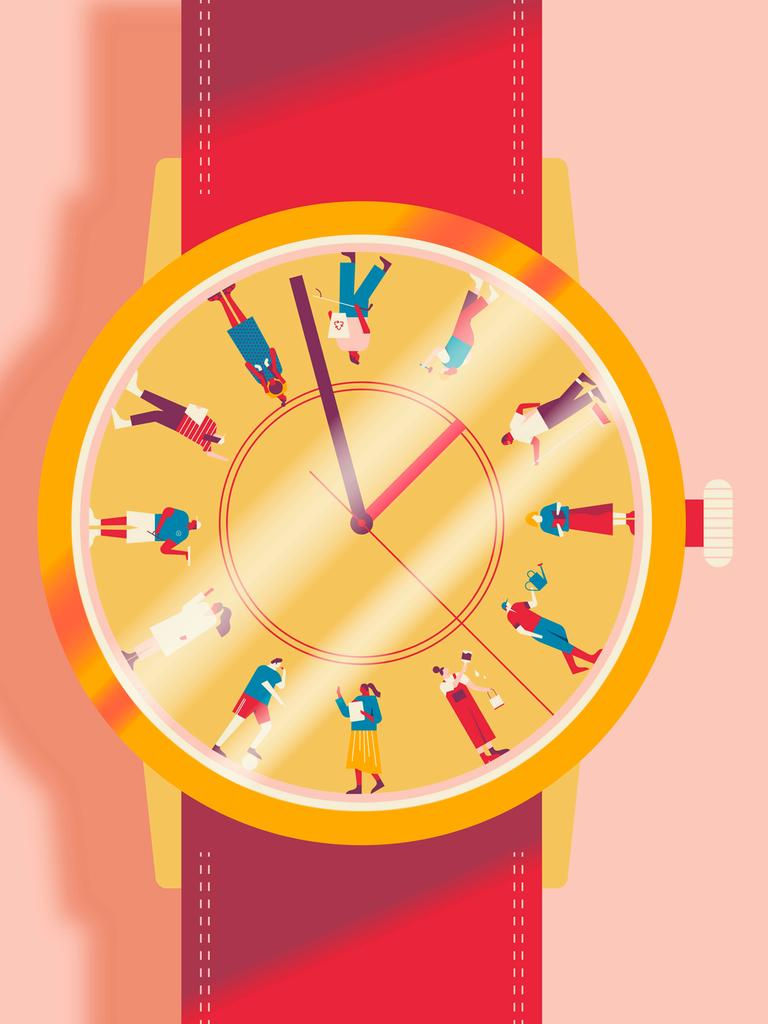 Illustration: Zifferblatt einer Uhr mit Menschen in unterschiedlichen Lebensphasen, die verschiedene Dinge tun