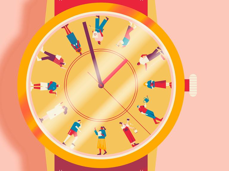 Illustration: Zifferblatt einer Uhr mit Menschen in unterschiedlichen Lebensphasen, die verschiedene Dinge tun Illustration: Zifferblatt einer Uhr mit Menschen in unterschiedlichen Lebensphasen, die verschiedene Dinge tun