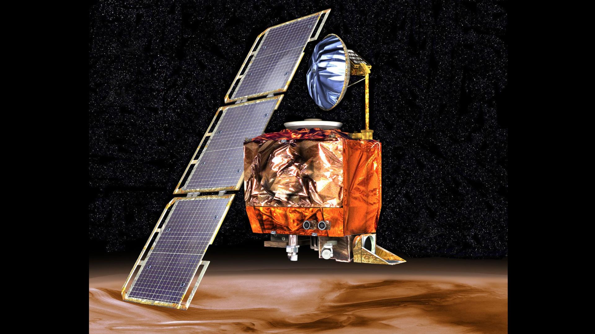 Eine Illustration zeigt den Mars Climate Orbiter in einer Umlaufbahn um den Planeten Mars.