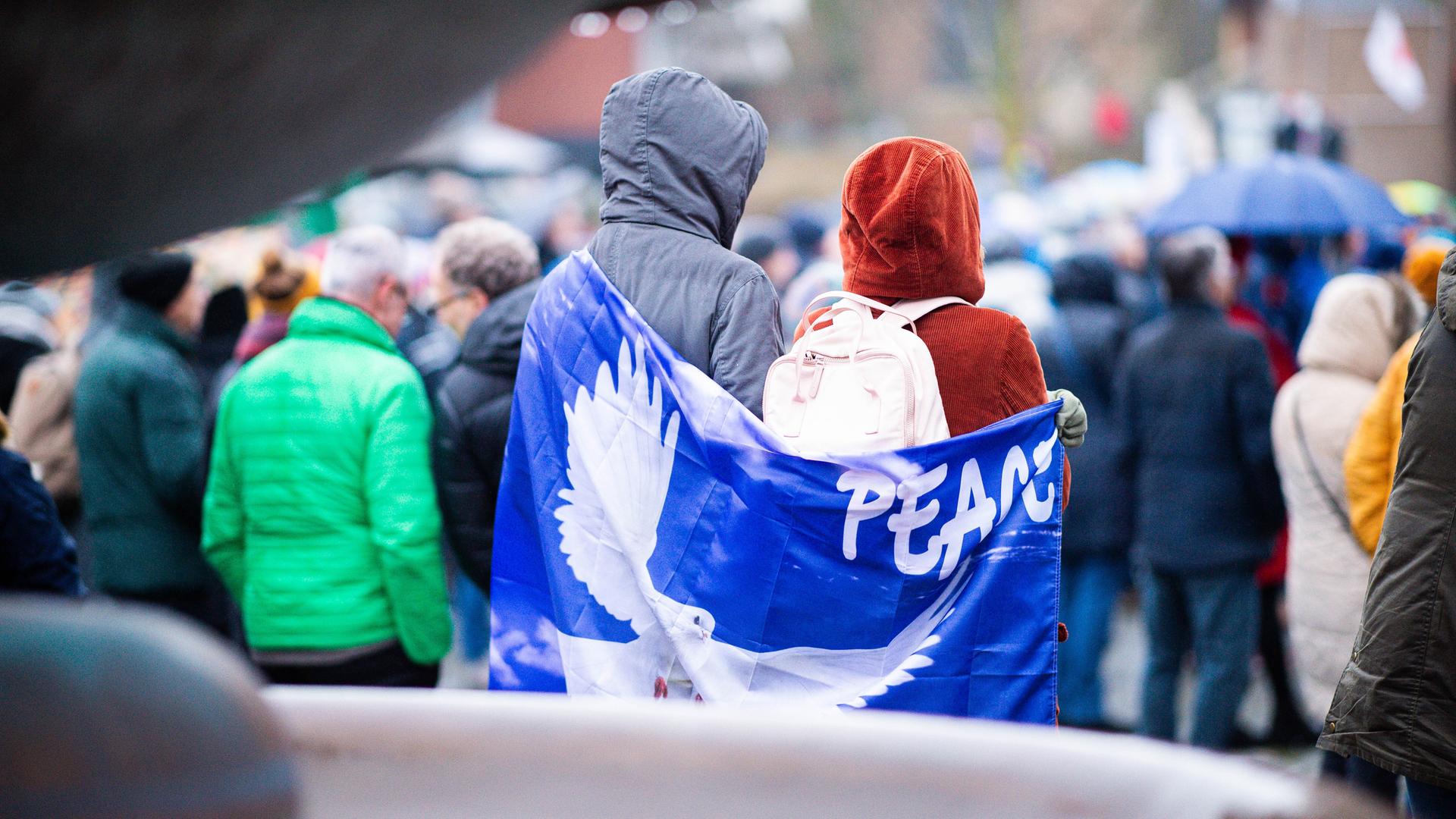 Zwei Personen sind in einer Menschenmenge von hinten zu sehen. Sie tragen ein Banner mit einer weißen Taube, darauf steht PEACE.