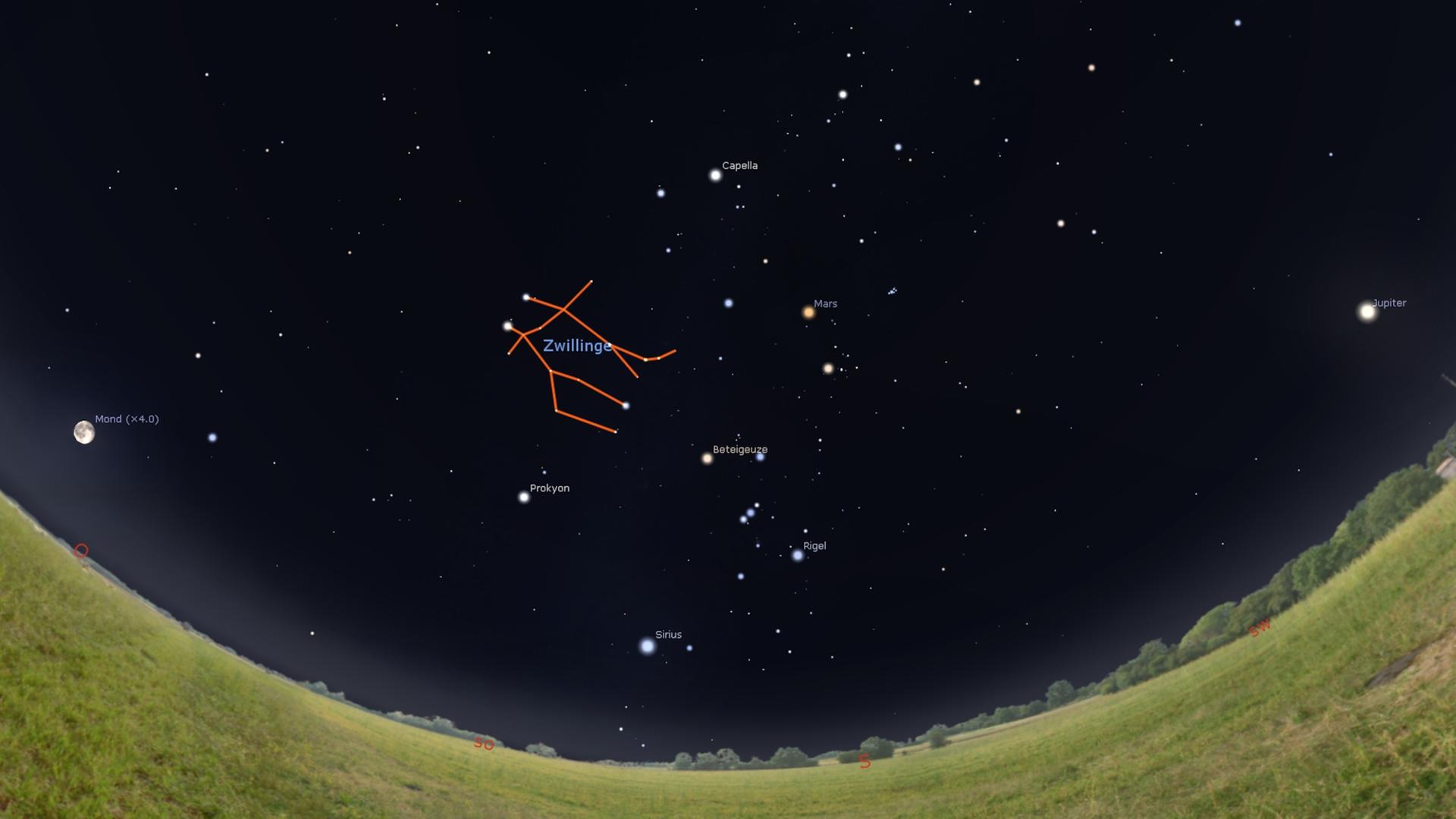 Das Sternbild Zwillinge leuchtet „links oberhalb“ von Orion – das Bild stellt den Anblick am 07. Februar 2023  gegen 20 Uhr dar.