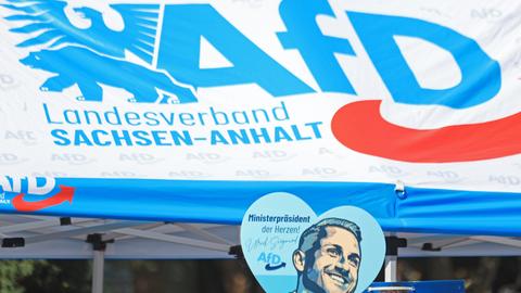 Ein Wahlwerbeschild mit dem Bild von AfD-Spitzenkandidat Siegmund ist auf einer Kundgebung der AfD zu sehen.