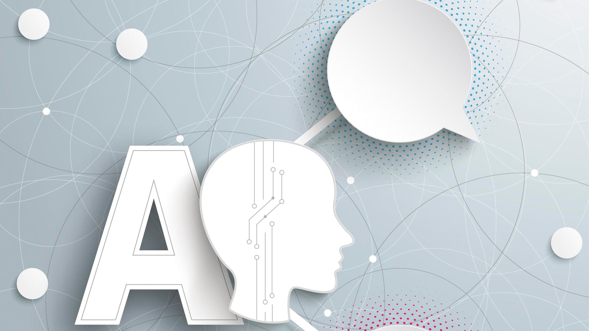Die Infografik zeigt Kreise, Sprechblasen, einen Kopf und den Text AI auf weißem Hintergrund Die Infografik zeigt Kreise, Sprechblasen, einen Kopf und den Text AI auf weißem Hintergrund