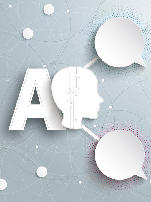 Die Infografik zeigt Kreise, Sprechblasen, einen Kopf und den Text AI auf weißem Hintergrund