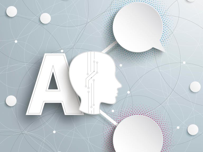 Die Infografik zeigt Kreise, Sprechblasen, einen Kopf und den Text AI auf weißem Hintergrund