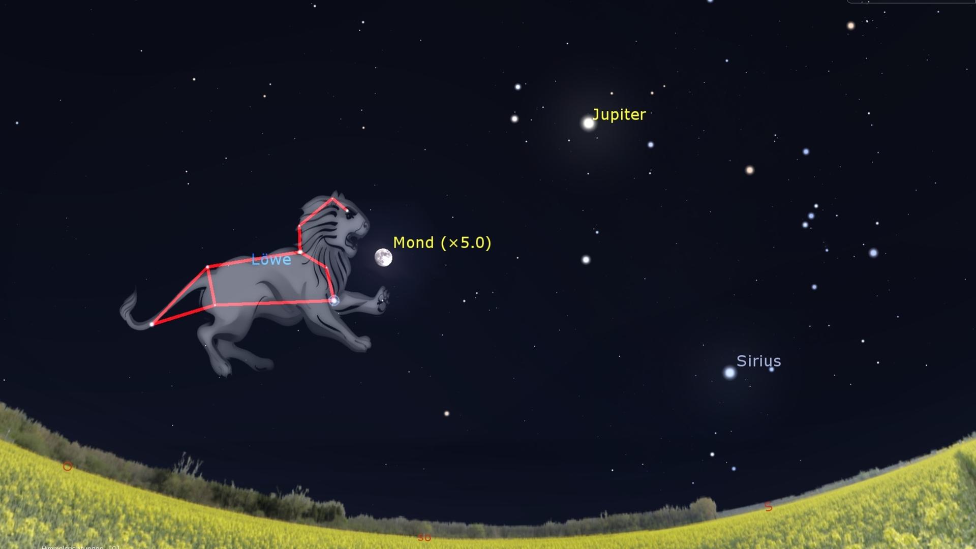 Auf einem Bild des Nachthimmels ist das Sternbild des Löwen neben dem Mond eingezeichnet.