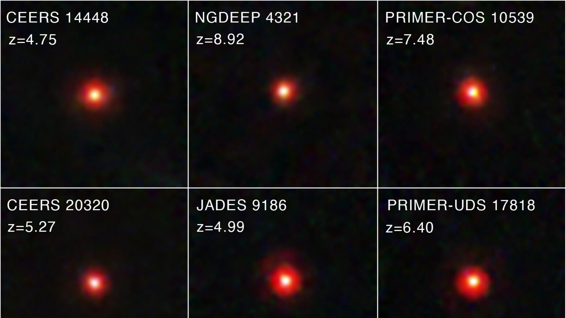 Sechs ferne kleine Galaxien, die als rote Punkte erscheinen – im Zentrum befinden sich Schwarze Löcher, die wohl etwa hundertmal leichter sind als gedacht.