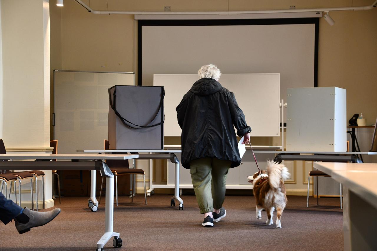 Eine Frau führt ihren Hund zu zwei Tischen. Auf jedem Tisch steht eine Art Kasten. Er soll vor den Blicken anderer Menschen schützen.