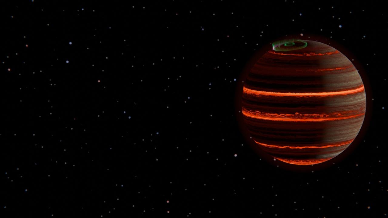 Das Bild zeigt einen braunfarbenen Planeten mit rötlich schimmernden Querstreifen.