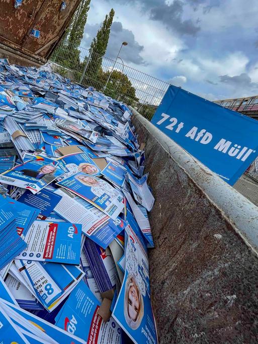 Millionen Flyer der AfD liegen in einem Müllcontainer