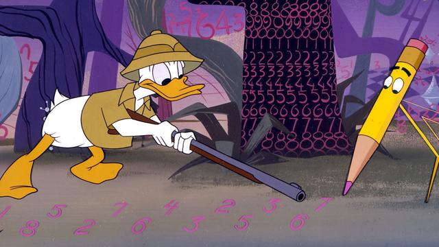 Die Comic-Ente Donald Duck in einem Gewand eines Tropen-Jägers mit einem Gewehr in der Hand. Daneben ein Stift, der Zahlen schreibt. 
