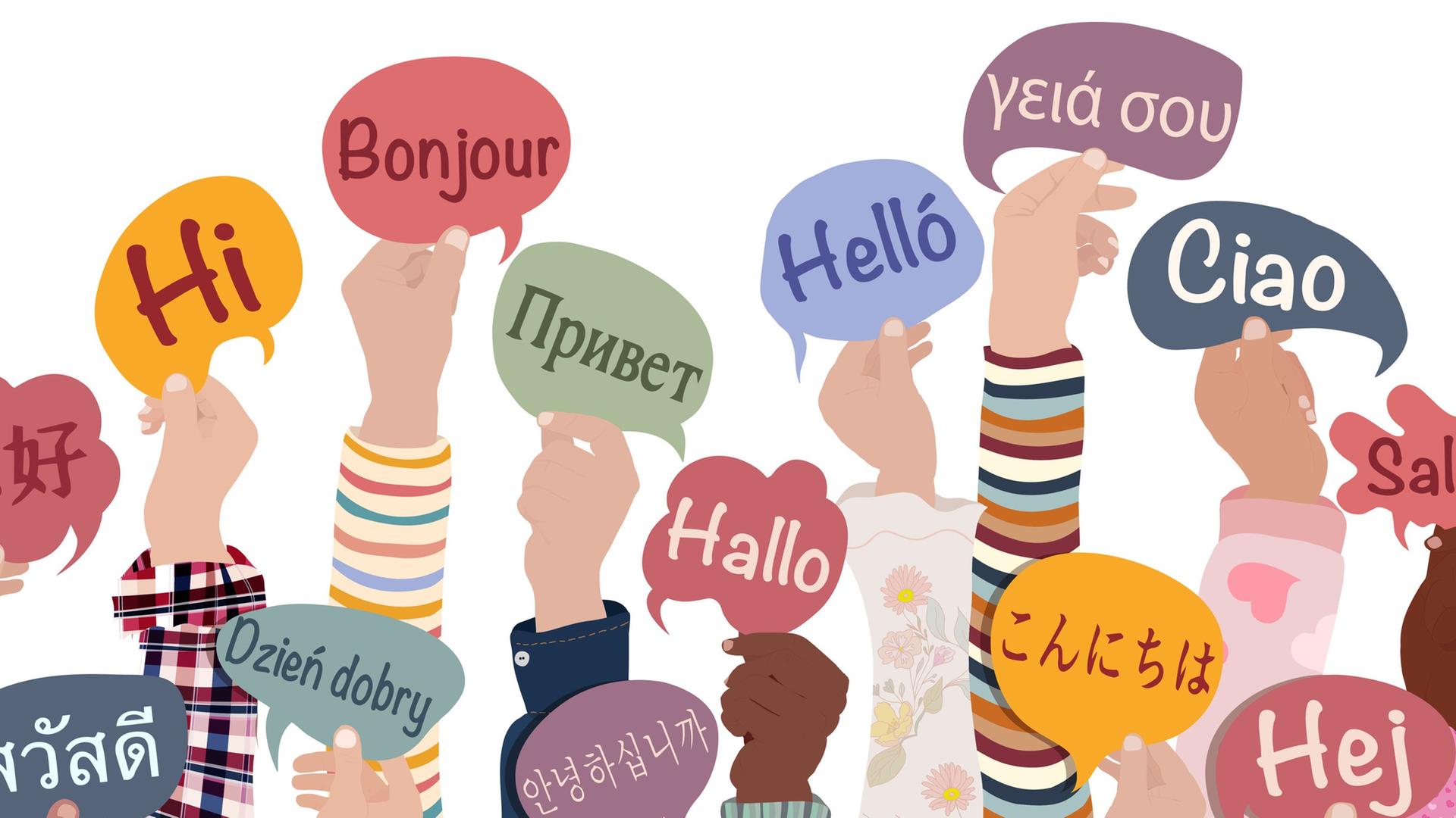Viele erhobene Hände von vielfältigen und multikulturellen Kindern und Jugendlichen, die Sprechblasen mit dem Text - Hallo - in verschiedenen internationalen Sprachen hochhalten. 