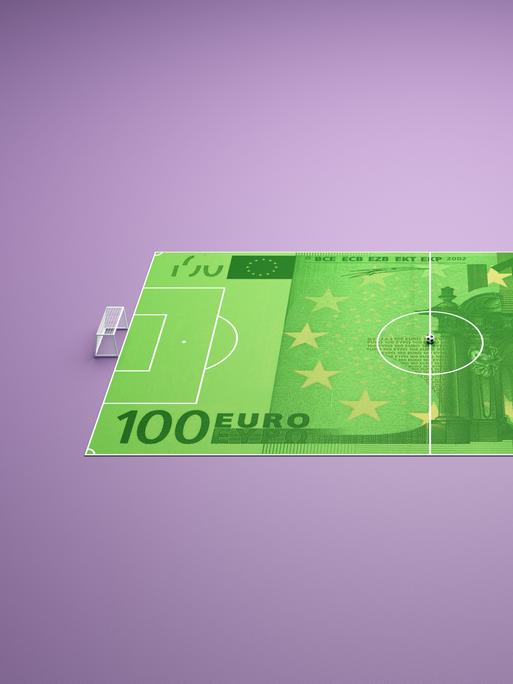 Auf eine 100-Euro-Banknote ist ein Fußballfeld gezeichnet und zwei Fußballtore gestellt
