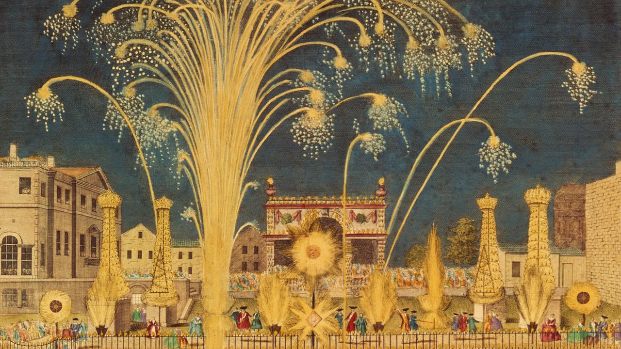 Gemälde eines Feuerwerks auf der Themse. Es sind große und kleine Boote auf dem Fluss zu sehen.