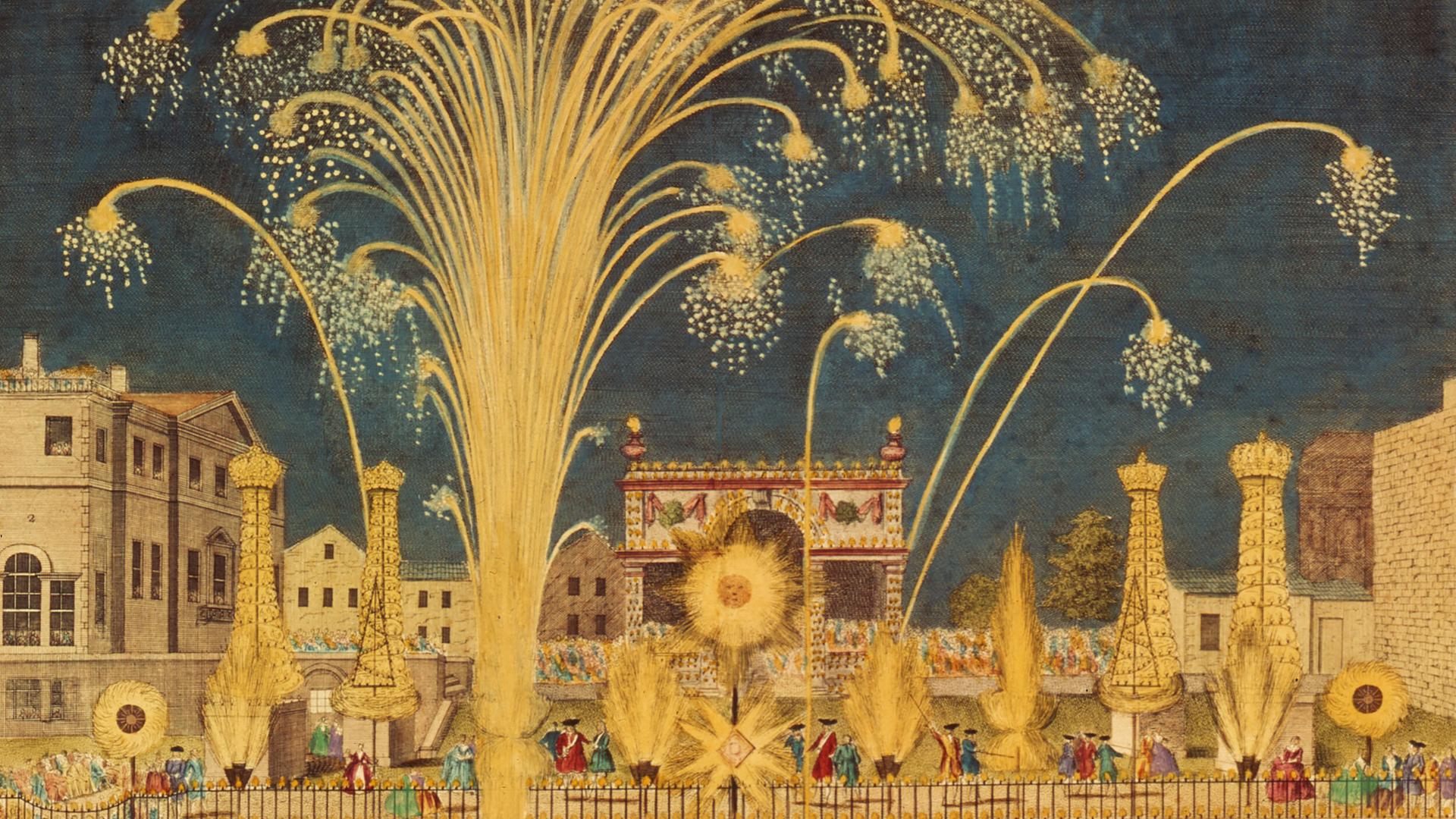 Gemälde eines Feuerwerks auf der Themse. Es sind große und kleine Boote auf dem Fluss zu sehen.