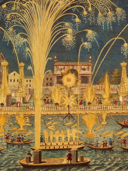 Gemälde eines Feuerwerks auf der Themse. Es sind große und kleine Boote auf dem Fluss zu sehen.